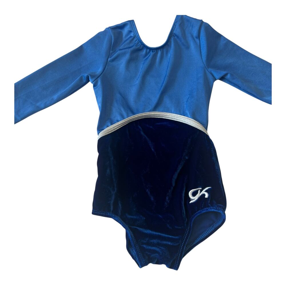 GK Elite Competition Leotard Blue Navy Blue Velvet Soft Long Sleeve size CXS XS